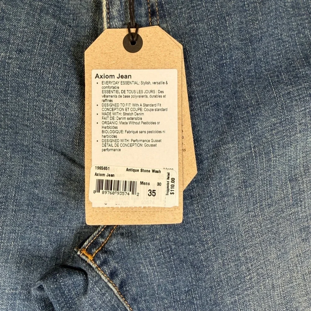 prAna Axiom Jean Mens 35x30 Antique Stone Wash Straight Leg Organic Cotton Denim